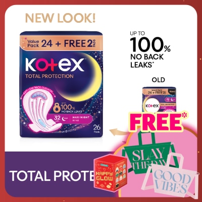KOTEX Total Protection Overnight Wing Pad 32cm (24s) - Sanitary Pad that prevents up to 100% No Back Leaks