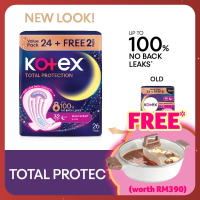 KOTEX Total Protection Overnight Wing Pad 32cm (24s) - Sanitary Pad that prevents up to 100% No Back Leaks