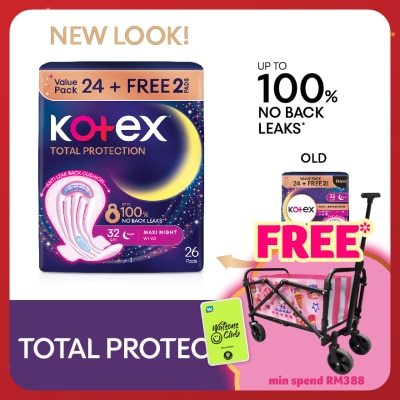 KOTEX Total Protection Overnight Wing Pad 32cm (24s) - Sanitary Pad that prevents up to 100% No Back Leaks