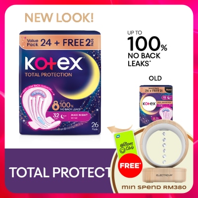 KOTEX - Total Protection Overnight Wing Pad 32cm (24s) - Sanitary Pad that prevents up to 100% No Back Leaks
