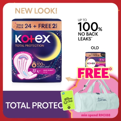KOTEX Total Protection Overnight Wing Pad 32cm (24s) - Sanitary Pad that prevents up to 100% No Back Leaks