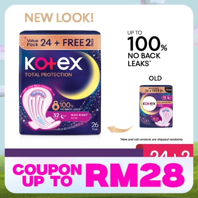 KOTEX Total Protection Overnight Wing Pad 32cm (24s) - Sanitary Pad that prevents up to 100% No Back Leaks