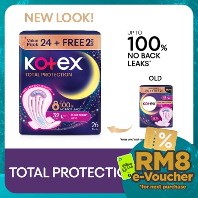 KOTEX Total Protection Overnight Wing Pad 32cm (24s) - Sanitary Pad that prevents up to 100% No Back Leaks