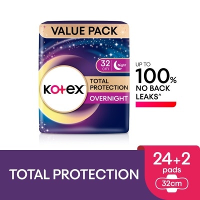 KOTEX Total Protection Overnight Wing Pad 32cm (24s) - Sanitary Pad that prevents up to 100% No Back Leaks