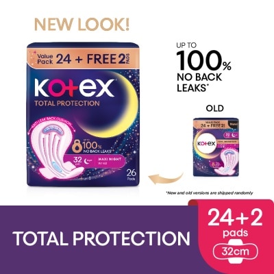 KOTEX Total Protection Overnight Wing Pad 32cm (24s) - Sanitary Pad that prevents up to 100% No Back Leaks