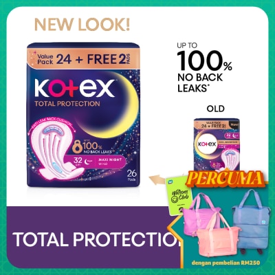 KOTEX Total Protection Overnight Wing Pad 32cm (24s) - Sanitary Pad that prevents up to 100% No Back Leaks