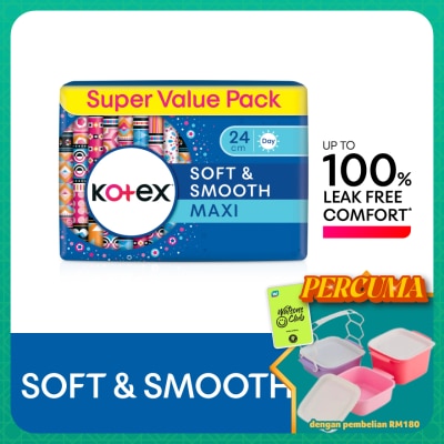 KOTEX - Soft & Smooth Maxi Day Non Wing Pad 24cm (20s x 3 Packs) - Sanitary Pad with 100% Leak Free Comfort