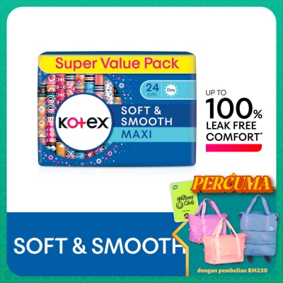 KOTEX Soft & Smooth Maxi Day Non Wing Pad 24cm (20s x 3 Packs) - Sanitary Pad with 100% Leak Free Comfort