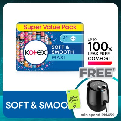 KOTEX Soft & Smooth Maxi Day Non Wing Pad 24cm (20s x 3 Packs) - Sanitary Pad with 100% Leak Free Comfort