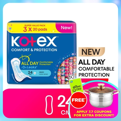 KOTEX - Comfort & Protection Maxi Day Non Wing Pad 24cm (20sx3) - Sanitary Pad with 100% Leak Free Comfort