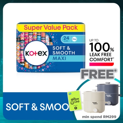 KOTEX Soft & Smooth Maxi Day Non Wing Pad 24cm (20s x 3 Packs) - Sanitary Pad with 100% Leak Free Comfort