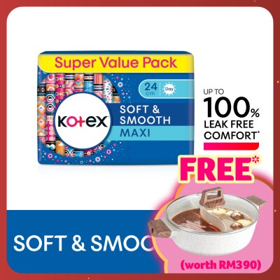 KOTEX Soft & Smooth Maxi Day Non Wing Pad 24cm (20s x 3 Packs) - Sanitary Pad with 100% Leak Free Comfort