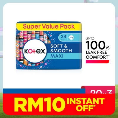KOTEX Soft & Smooth Maxi Day Non Wing Pad 24cm (20s x 3 Packs) - Sanitary Pad with 100% Leak Free Comfort