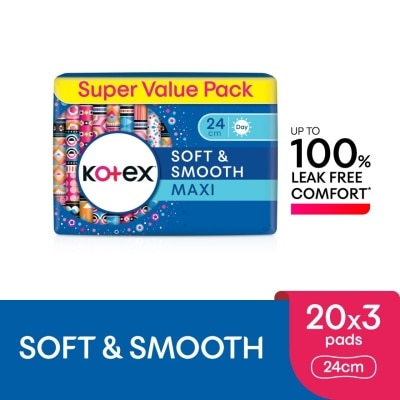 KOTEX Soft & Smooth Maxi Day Non Wing Pad 24cm (20s x 3 Packs) - Sanitary Pad with 100% Leak Free Comfort