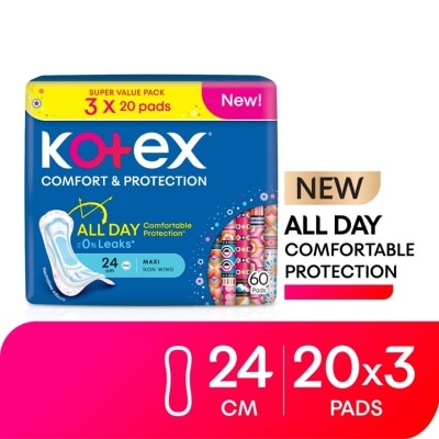 KOTEX - Comfort & Protection Maxi Day Non Wing Pad 24cm (20sx3) - Sanitary Pad with 100% Leak Free Comfort