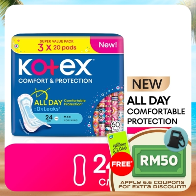 KOTEX - Comfort & Protection Maxi Day Non Wing Pad 24cm (20sx3) - Sanitary Pad with 100% Leak Free Comfort