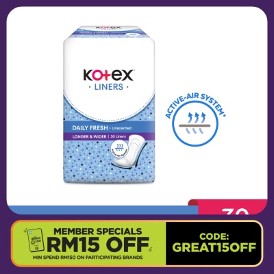 KOTEX Longer & Wider Unscented Pantyliner 17.5cm (30s) - Breathable, Comfortable & Rapid Absorption Liners