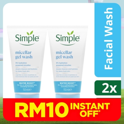 SIMPLE Water Boost Micellar Facial Gel Wash 150ml Twin Pack