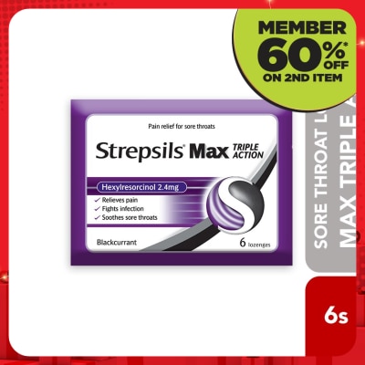 STREPSILS Sore Throat Lozenges Max Triple Action Blackcurrant 6s