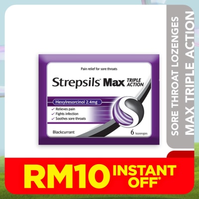 STREPSILS Sore Throat Lozenges Max Triple Action Blackcurrant 6s