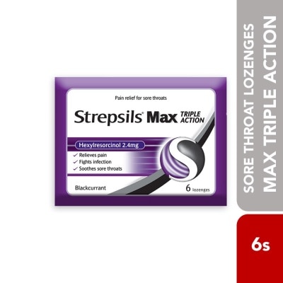 STREPSILS Sore Throat Lozenges Max Triple Action Blackcurrant 6s