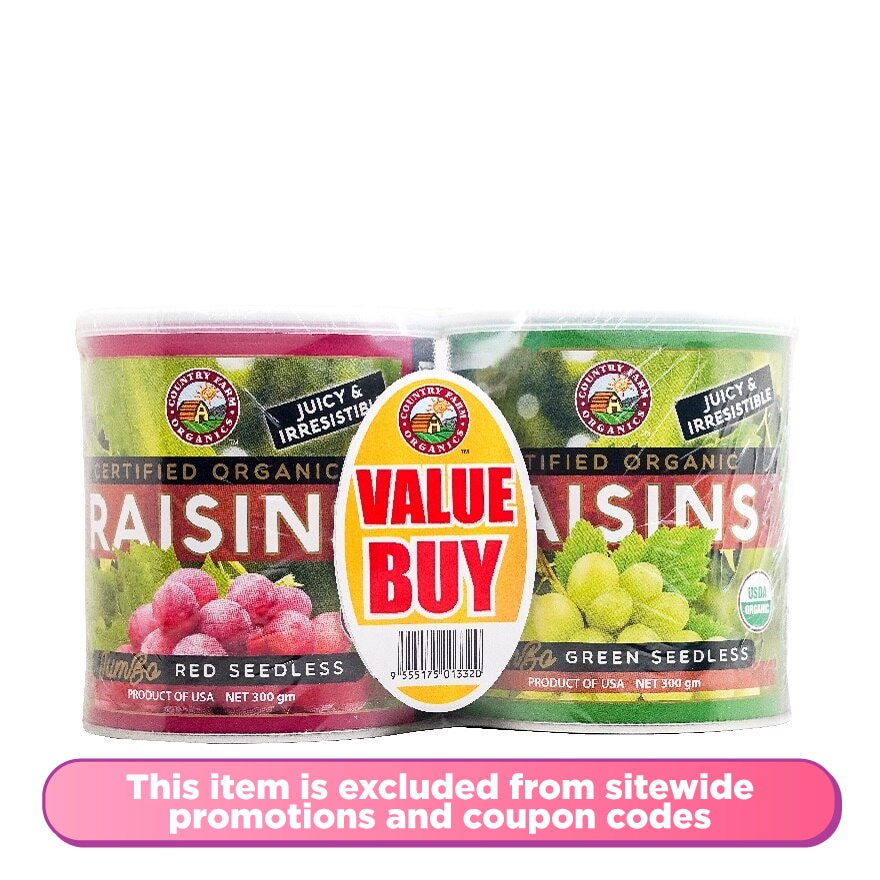 Organic Raisins 2 x 300g (Red & Green Seedless)