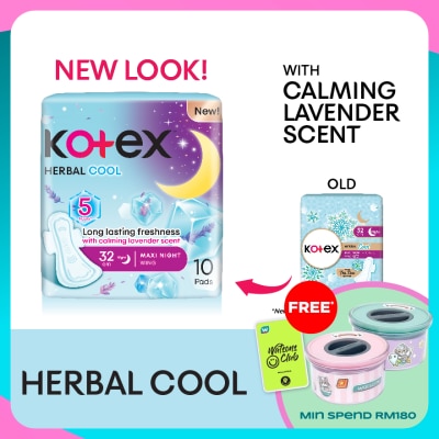 KOTEX Herbal Cool Overnight Wing Pad 32cm (10s) Sanitary Pad with Calming Lavender Scent