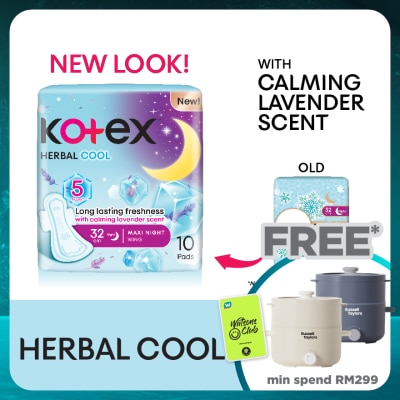 KOTEX Herbal Cool Overnight Wing Pad 32cm (10s) Sanitary Pad with Calming Lavender Scent