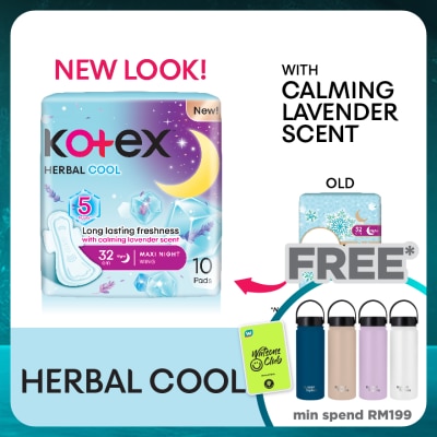 KOTEX Herbal Cool Overnight Wing Pad 32cm (10s) Sanitary Pad with Calming Lavender Scent