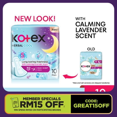 KOTEX Herbal Cool Overnight Wing Pad 32cm (10s) Sanitary Pad with Calming Lavender Scent