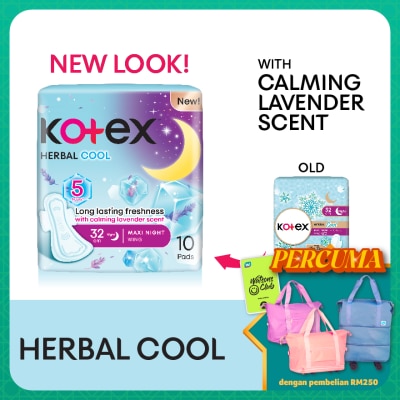 KOTEX Herbal Cool Overnight Wing Pad 32cm (10s) Sanitary Pad with Calming Lavender Scent