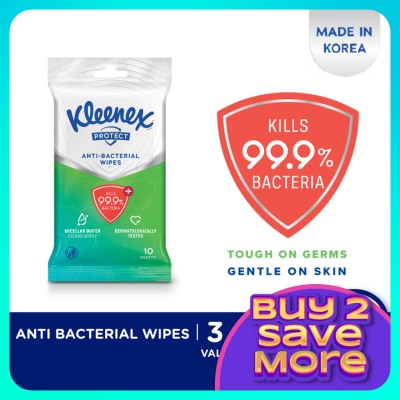 KLEENEX Hand & Face Protect Antibacterial Multipurpose Disinfecting Wet Wipes (10's x 3 packs)
