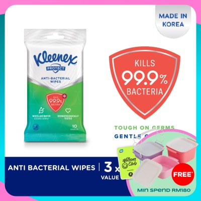 KLEENEX Hand & Face Protect Antibacterial Multipurpose Disinfecting Wet Wipes (10's x 3 packs)