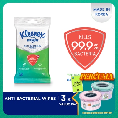 KLEENEX Hand & Face Protect Antibacterial Multipurpose Disinfecting Wet Wipes (10's x 3 packs)