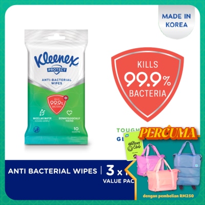 KLEENEX - Hand & Face Protect Antibacterial Multipurpose Disinfecting Wet Wipes (10's x 3 packs)