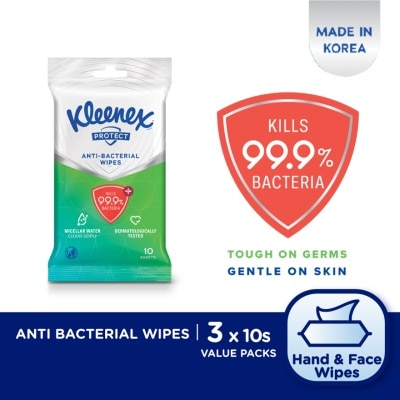 KLEENEX Hand & Face Protect Antibacterial Multipurpose Disinfecting Wet Wipes (10's x 3 packs)