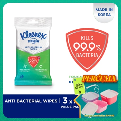 KLEENEX - Hand & Face Protect Antibacterial Multipurpose Disinfecting Wet Wipes (10's x 3 packs)