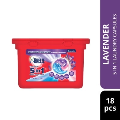 BREEZE Fresh Lavender 5 In 1 Power Laundry Capsules 18s