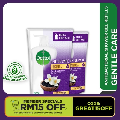 DETTOL Body Wash Gentle Care Habbatus Sauda & White Jasmine Refill Value Pack 800g x2