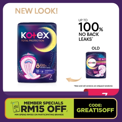 KOTEX Total Protection Overnight Wing Pad 35cm (7s) - Sanitary Pad that prevents up to 100% No Back Leaks