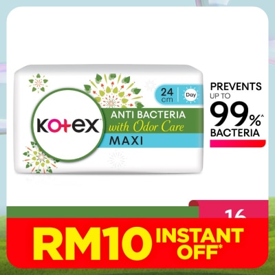 KOTEX Anti-Bacteria Maxi Day Wing Pad 24cm (16s) - Sanitary Pad With Odor Care