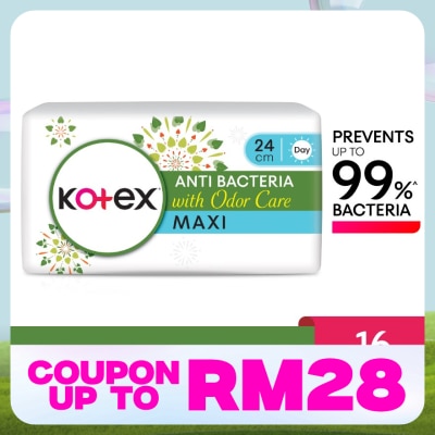 KOTEX Anti-Bacteria Maxi Day Wing Pad 24cm (16s) - Sanitary Pad With Odor Care