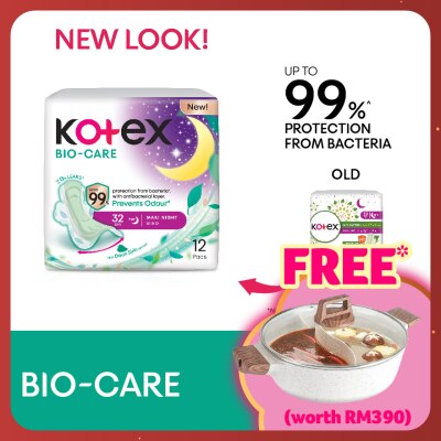 KOTEX Biocare Anti-Bacteria Overnight Wing Pad 32cm (12s) - Sanitary Pad With Odor Care