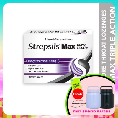 STREPSILS - Sore Throat Lozenges Max Triple Action Blackcurrant 16s
