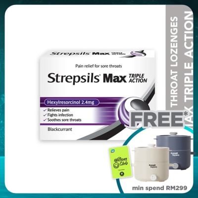 STREPSILS Sore Throat Lozenges Max Triple Action Blackcurrant 16s