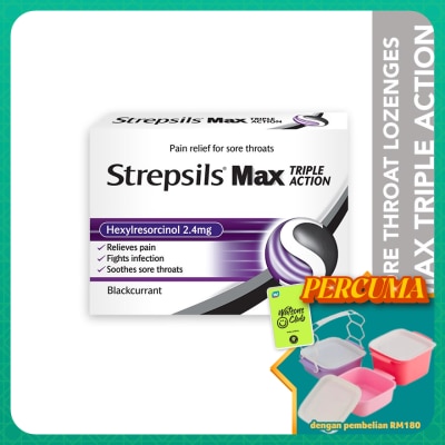 STREPSILS - Sore Throat Lozenges Max Triple Action Blackcurrant 16s