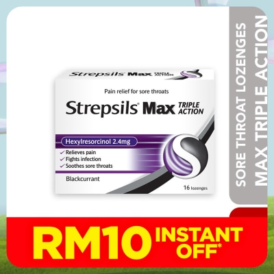 STREPSILS Sore Throat Lozenges Max Triple Action Blackcurrant 16s