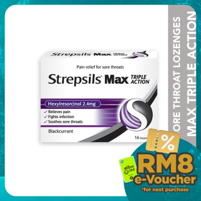 STREPSILS Sore Throat Lozenges Max Triple Action Blackcurrant 16s