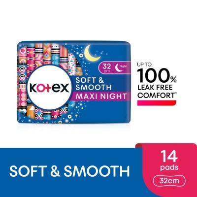 KOTEX Soft & Smooth Overnight Non Wing Pad 32cm (14s) - Sanitary Pad with 100% Leak Free Comfort