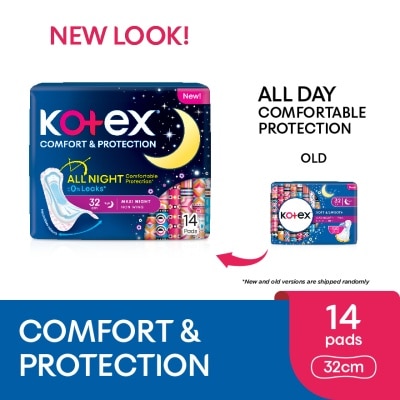 KOTEX Comfort & Protection Overnight Non Wing Pad 32cm (14s) - Sanitary Pad with 100% Leak Free Comfort